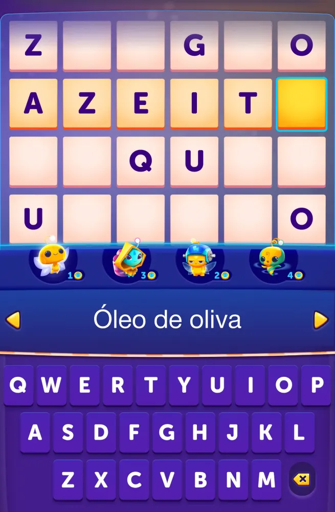 Grelha do CodyCross com a definição «Óleo de oliva» em baixo e o teclado alfabético aberto