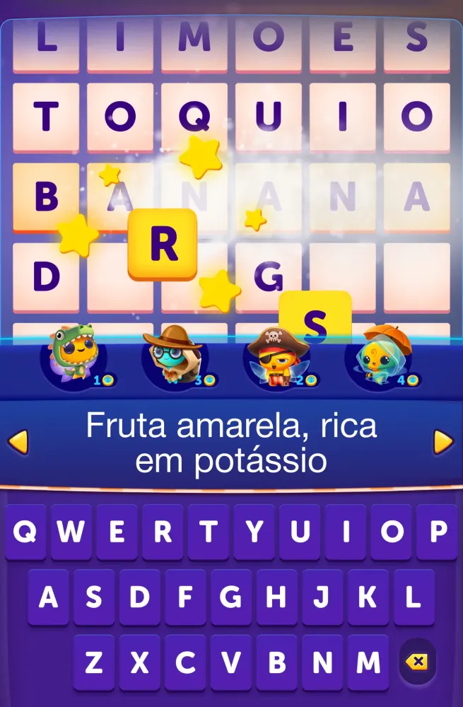 Segundo puzzle do CodyCross com quatro entradas já resolvidas na grelha e a definição «Fruta amarela, rica em potássio»