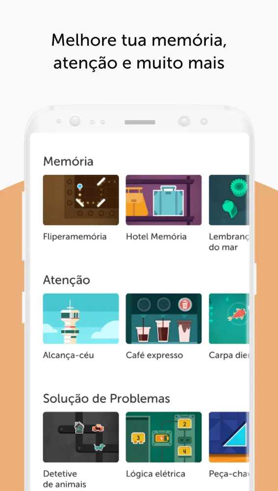 Lista de exercícios do Lumosity agrupados por memória, atenção e solução de problemas