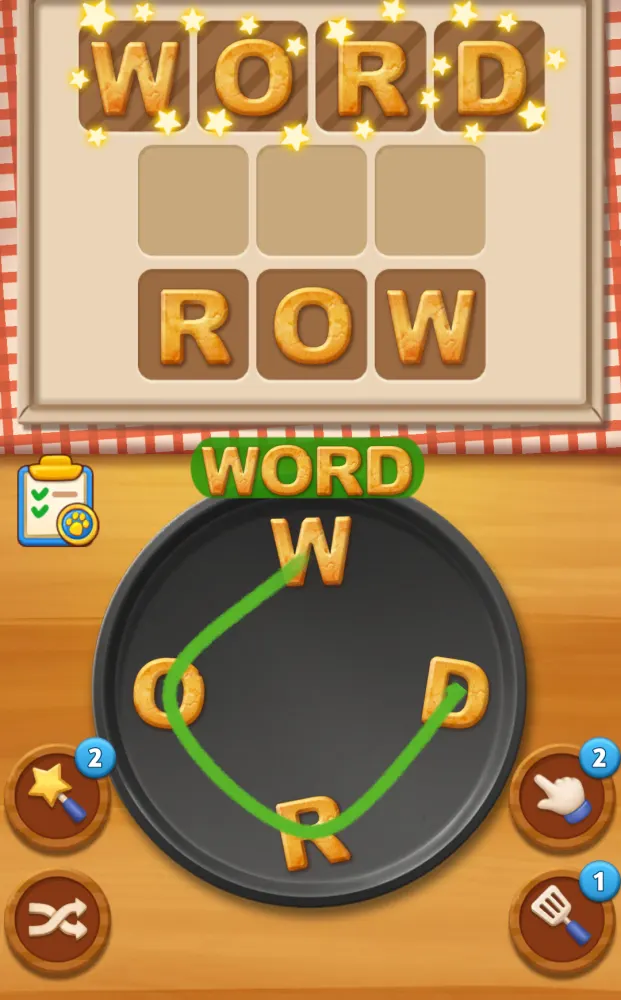 Tabuleiro do Word Cookies com letras em forma de bolacha numa frigideira e a palavra formada por cima