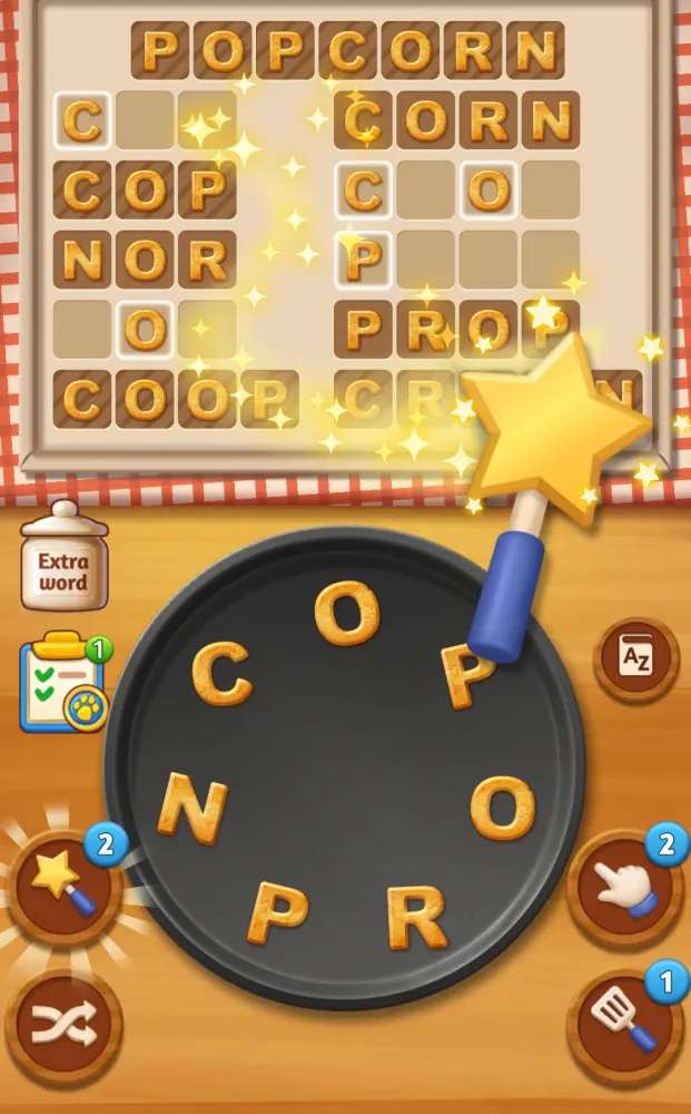 Nível avançado do Word Cookies com sete entradas cruzadas resolvidas no tabuleiro