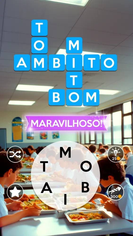 Nível do Wordscapes com as palavras em azul resolvidas na grelha e a mensagem de nível concluído